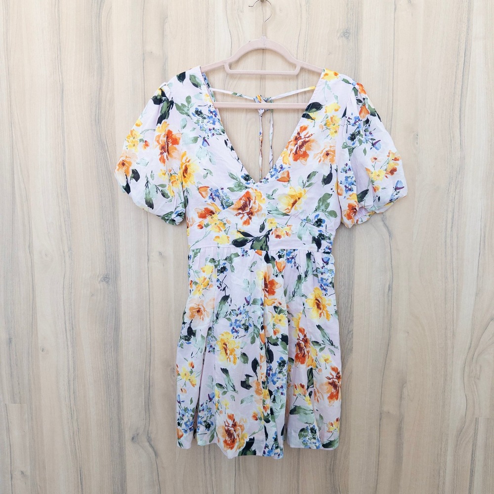 Lovestitch Floral Mini Dress S Multicolor Puff Sleeve Cottage Romantic Garden